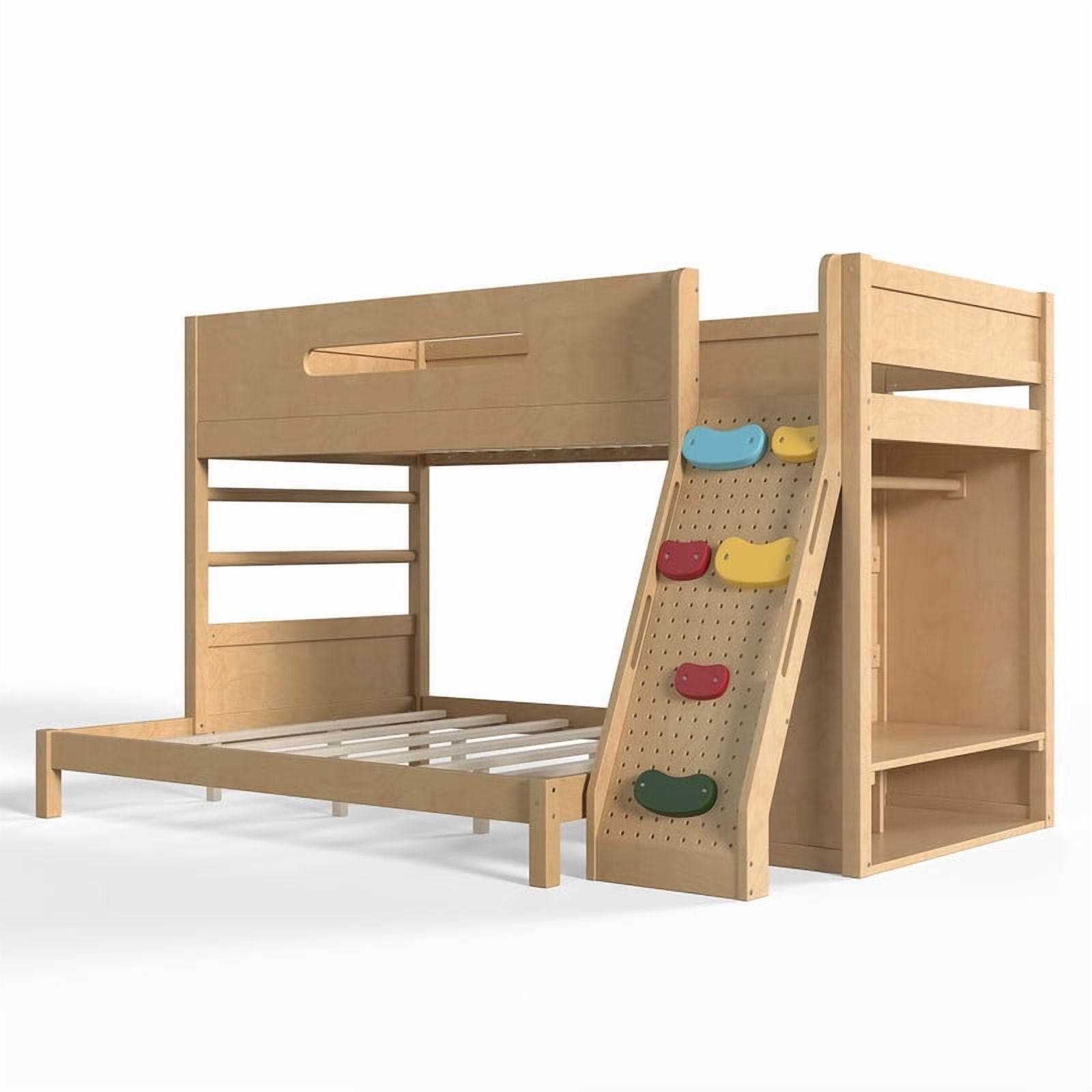 Twin XL Over Queen Bunk Bed with Built-In Wardrobe & Storage, Solid Wood Kids Bunk Bed with Guardrails, Rock Climbing Wall & Upgraded Slats, No Box Spring Needed