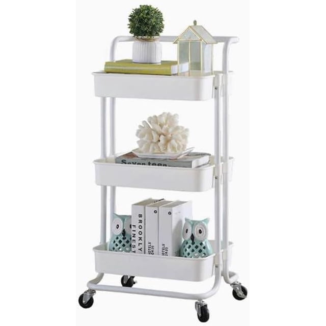 Kunova Chariot Utilitaire à 3 Niveaux, Chariot d'Organisation en Métal Roulant avec Poignée et Roues Verrouillables, Étagères de Rangement Multifonctionnelles pour Cuisine Salon Bureau Blanc