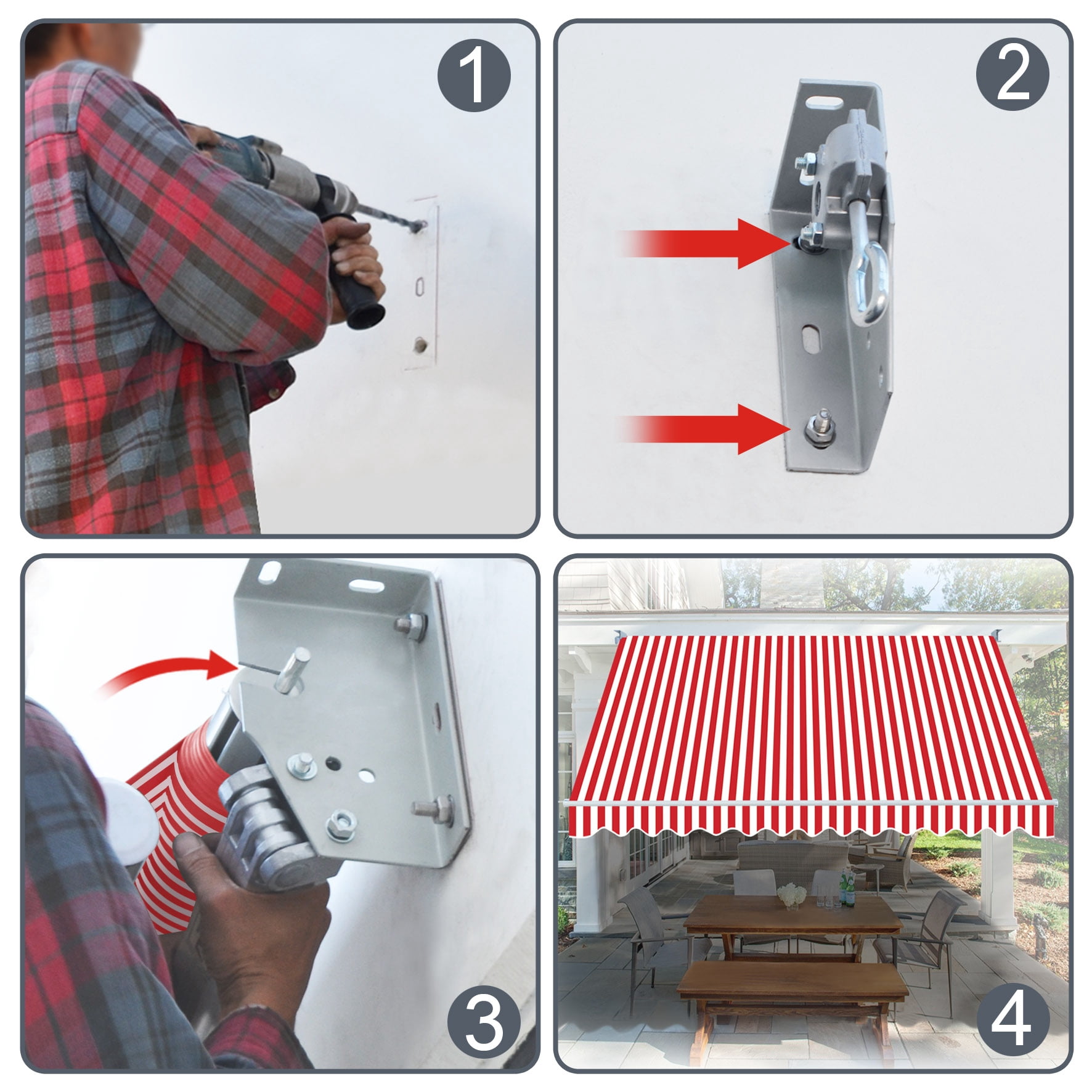 Sunny 12' x 8' Manual Retractable Patio Deck Awning Cover Canopy Sunshade (Red and White)