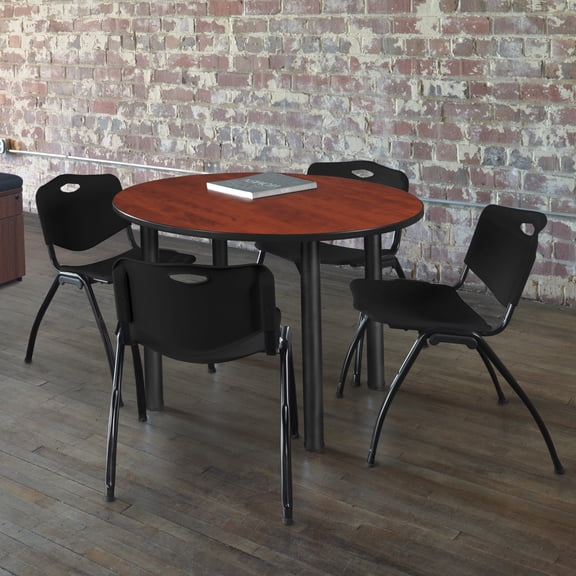 Regency Kee 36" Round Breakroom Table- Cherry/ Black & 4 'M' Stack Chairs- Black