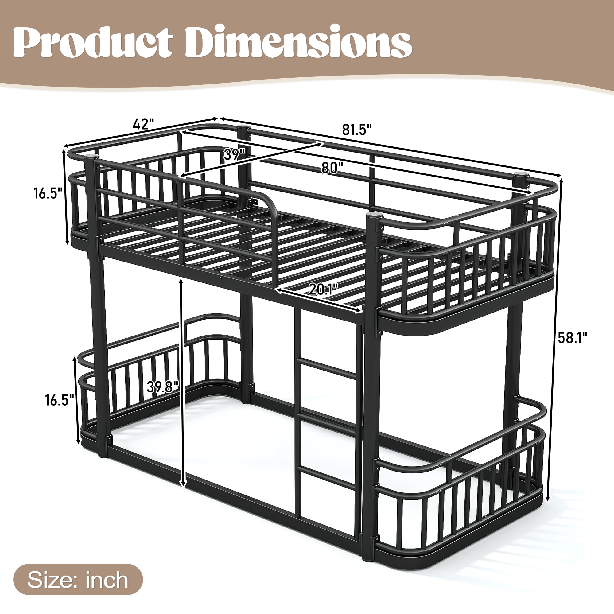 Twin XL Over Twin XL Bunk Bed 81.5 Inch, Metal Bed Frame with Ladder and Full Length Guardrails for Teens Adults, Sturdy Round Pipe Construction, No Box Spring Needed, Black