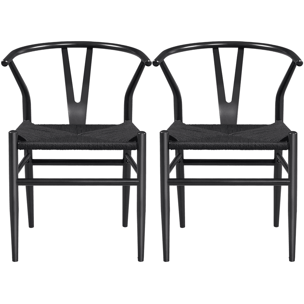 Alden Design Mid-Century Metal Dining Chairs with Woven Hemp Seat, Set of 2, Full Black
