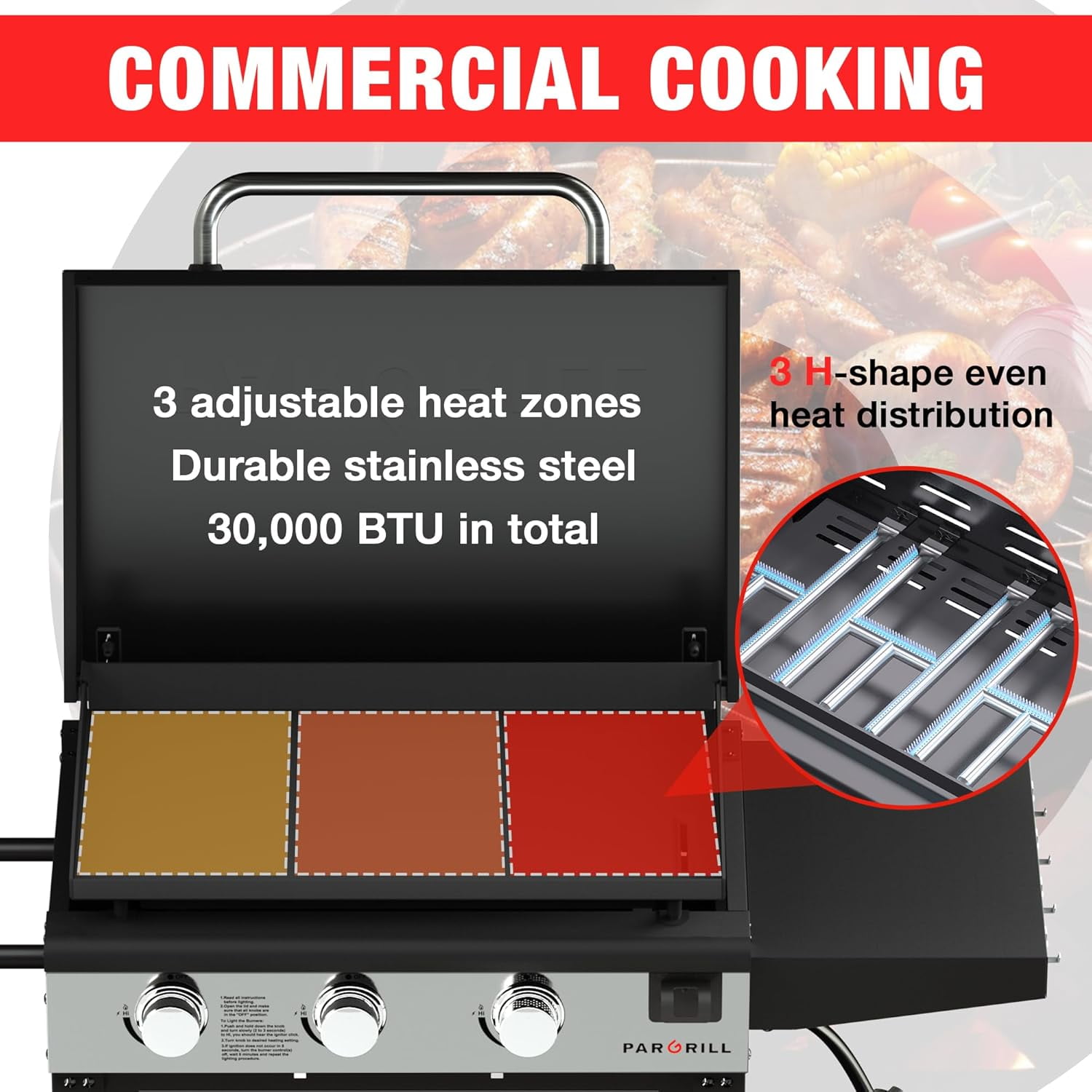 ‎PARGRILL 28" Flat Top Gas Grill Griddle, 3 Independent Burners Propane Heavy Duty Grill Station with Side Shelves for Backyard Outdoor BBQ
