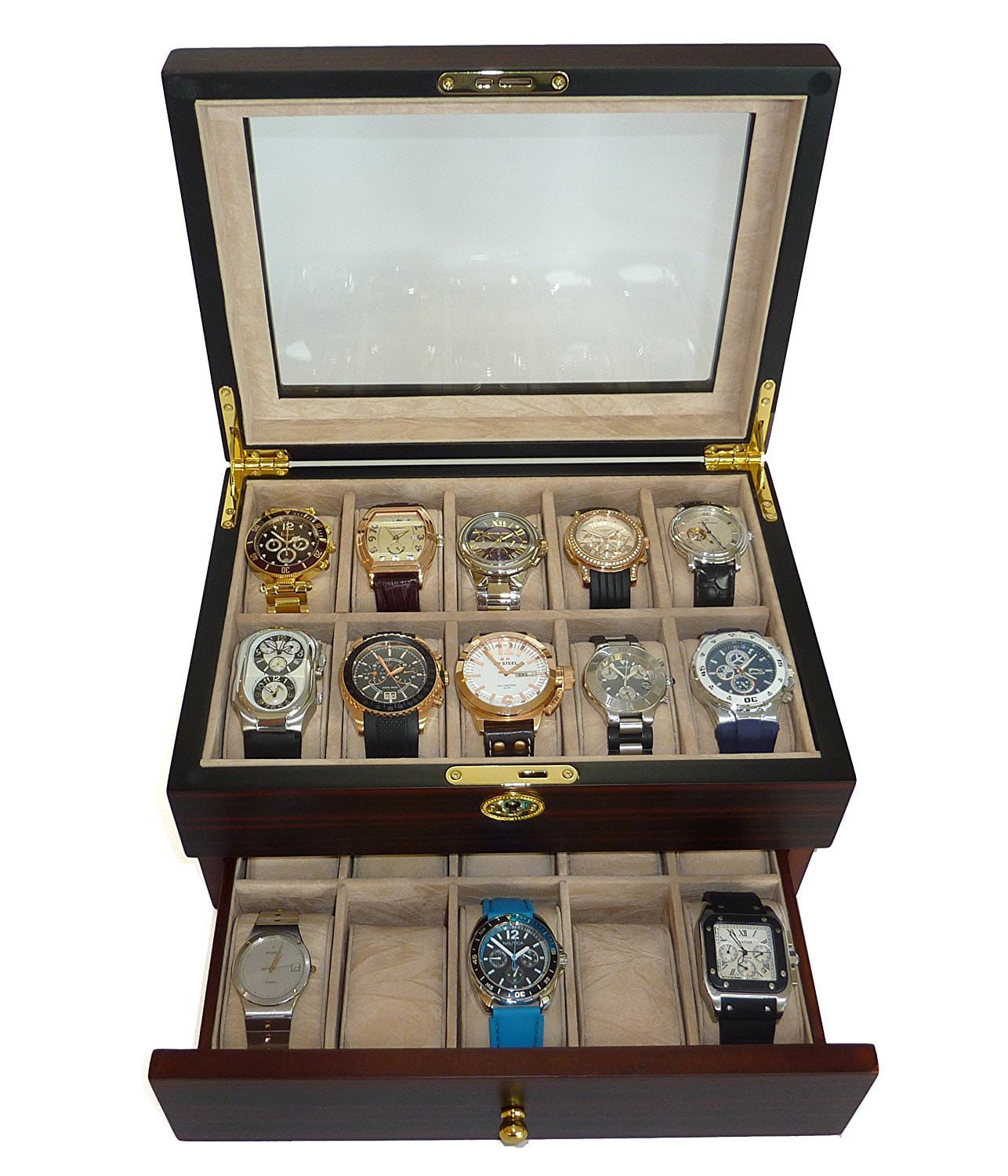 Yescom 6 Slots Walnut Wood Watch Display Case Glass Top Jewelry 