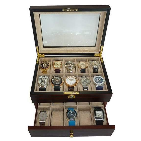 20 Piece Ebony Walnut Wood Men's Watch Box Display Case Jewelry Box Glass Top Organizer