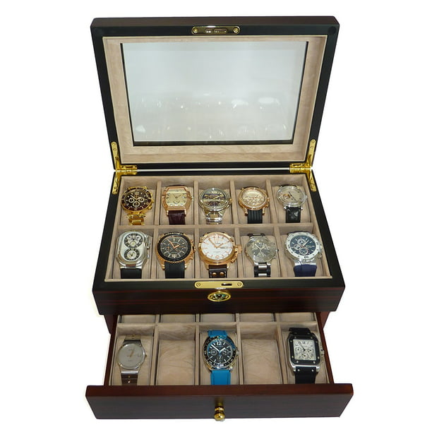 20 Piece Ebony Walnut Wood Men's Watch Box Display Case Jewelry Box Glass  Top Organizer