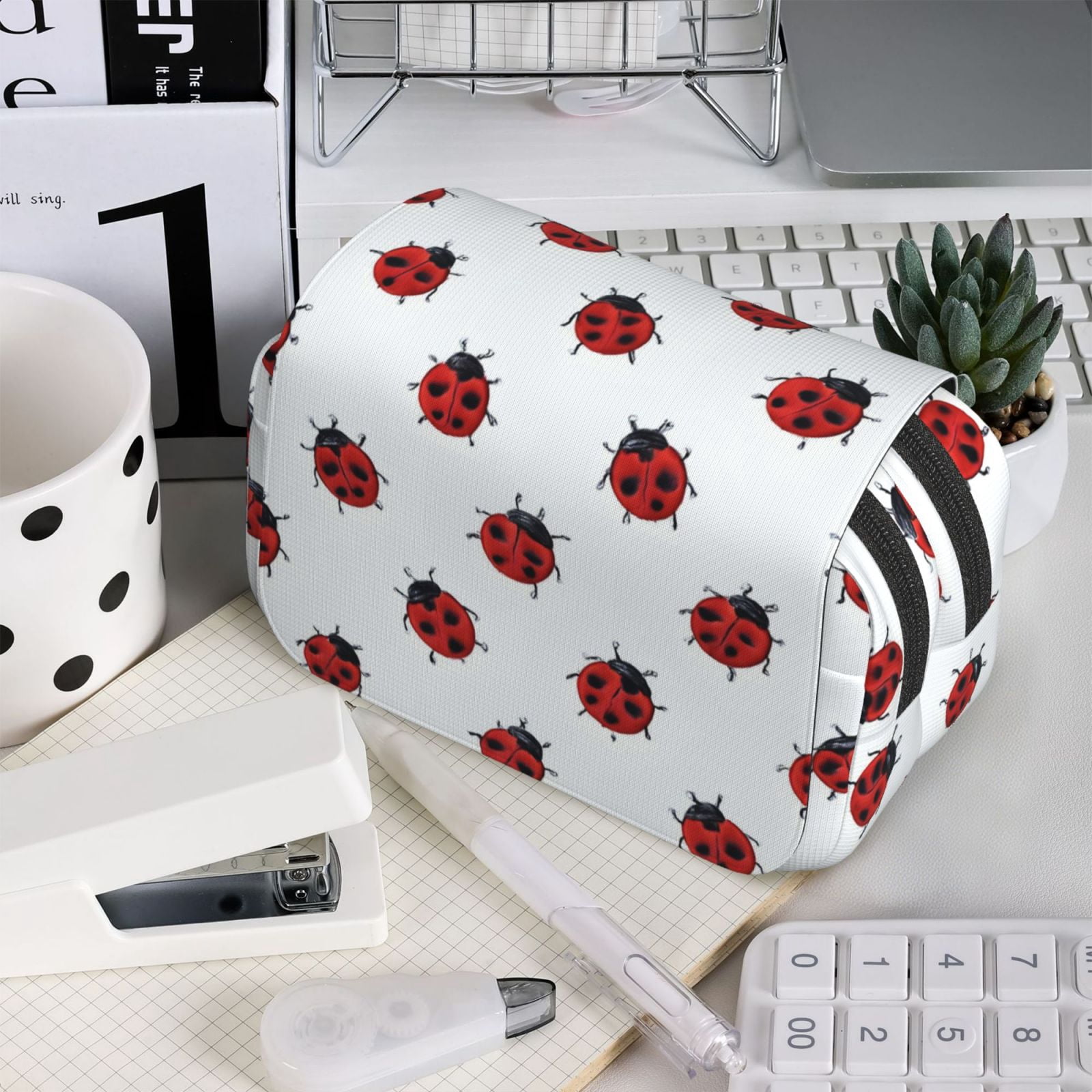 Large-Capacity Flip-Top Double-Layer Pencil Case, Multi-Functional Pocket Pen Case, Durable Stationery Organizer Ladybug On An White Background (6)