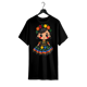 thumbnail image 1 of Camiseta de manga corta para mujer, 100 % algodón, en blanco y negro, con estampado de dibujos animados de trajes tradicionales mexicanos, cuello redondo, estilo informal, mezcla de poliéster, lavable, 1 of 6