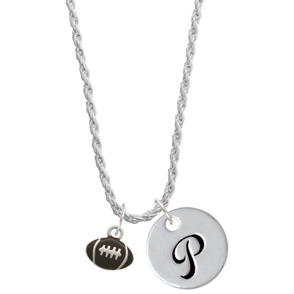 Delight Jewelry Silvertone Mini Enamel Football Silvertone Script Initial Disc - P - Charm Necklace, 20"+3"