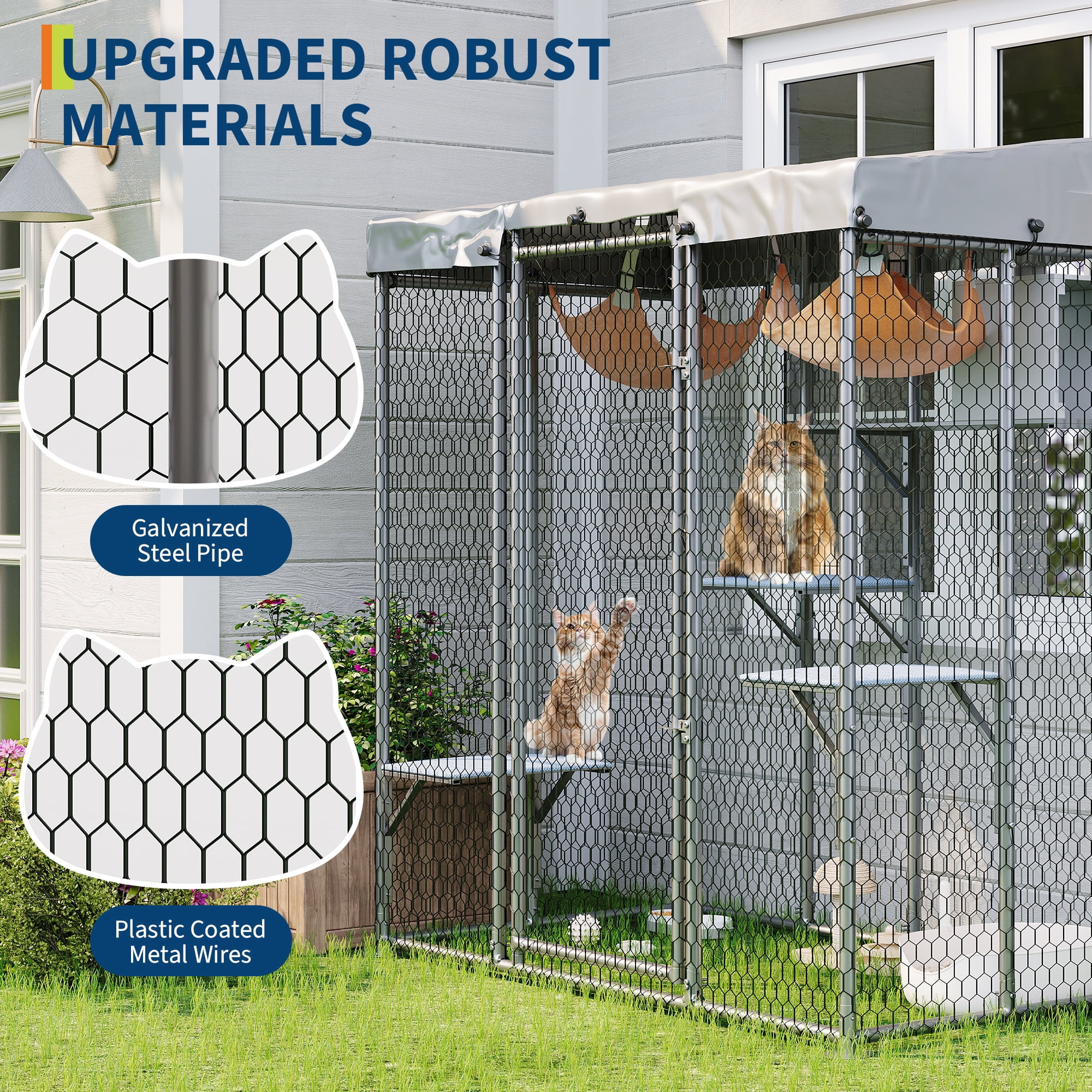 Large Catio Outdoor Cat Enclosure,Galvanized Steel Walk-in Cat House with Waterproof Cover, Resting Box & 2 Hammock, Feral Animal Shelter
