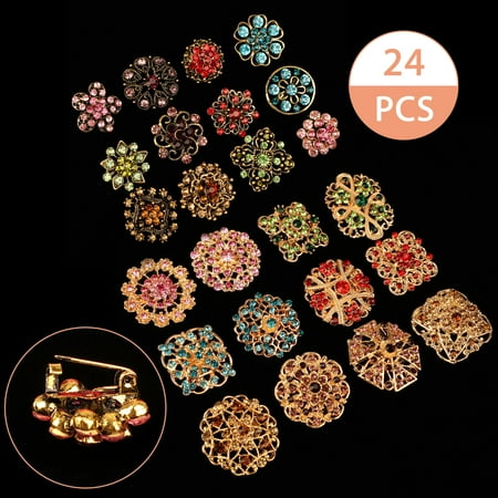 - TSV Fashion Lot 24pc Mixed Color Rhinestone Crystal Flower Brooches Pins for DIY, Wedding Decor, Bouquet Decor
