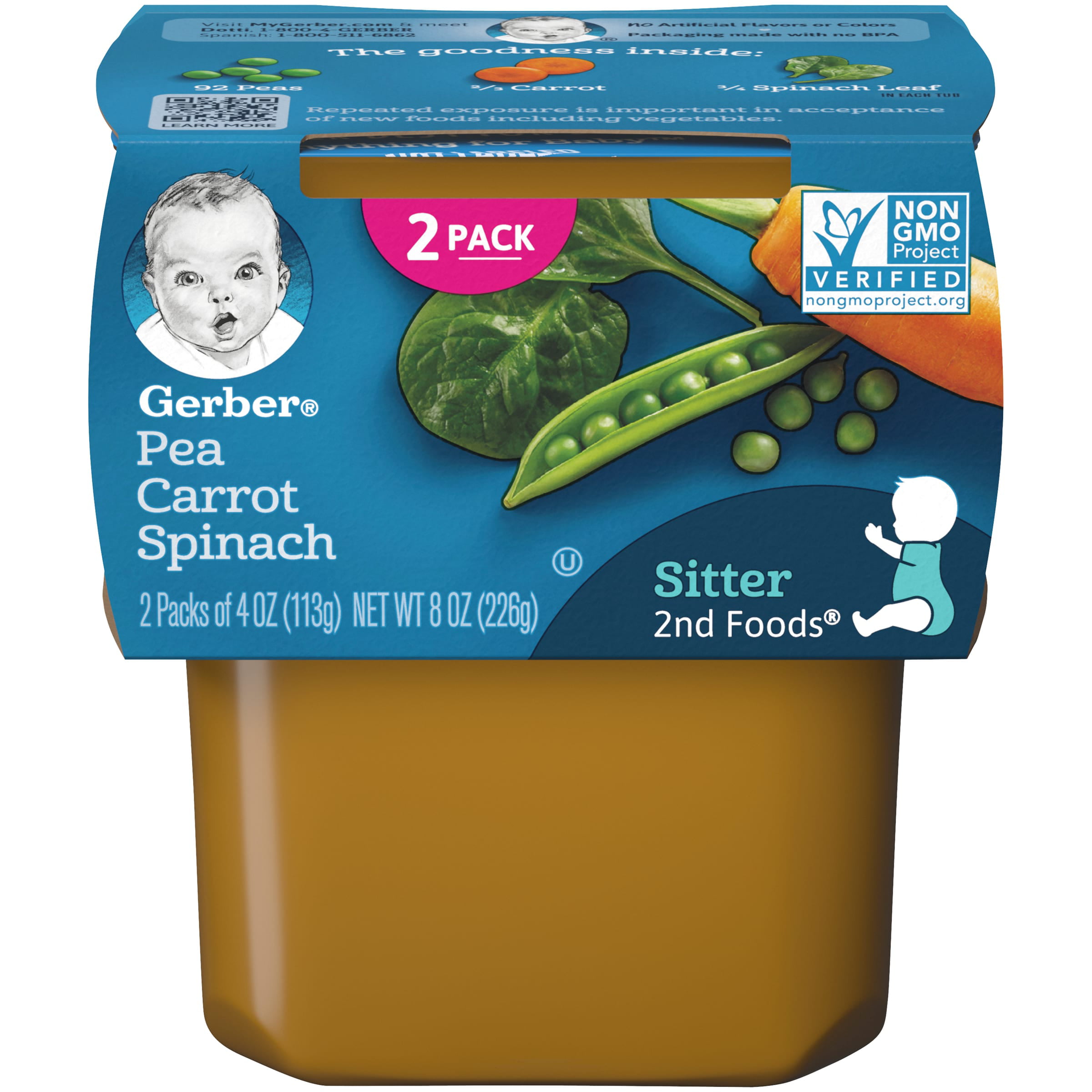 (2 Pack) Gerber Natural Stage 2, Pea Carrot Spinach Baby Food, 1 Tub