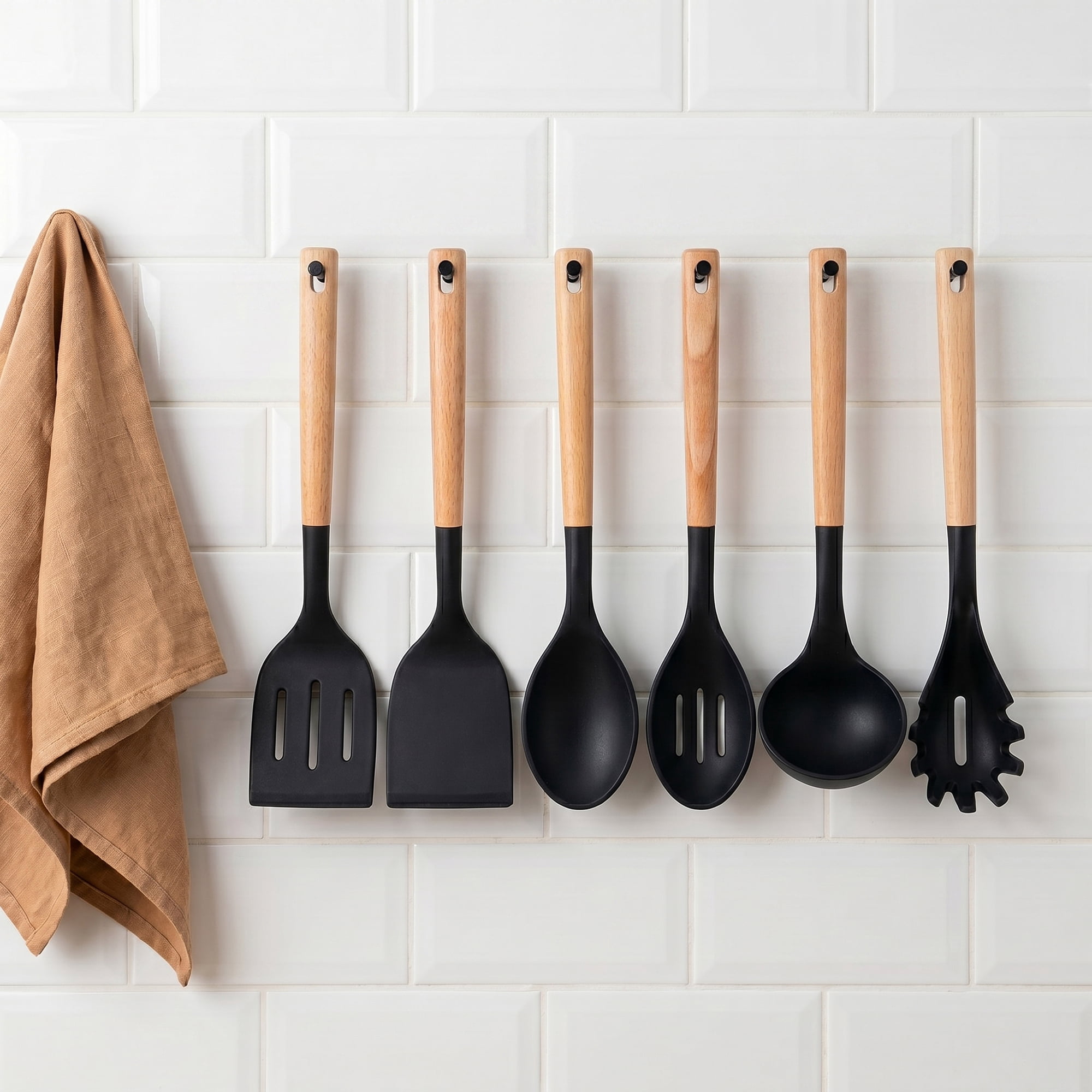 Unique Bargains 6 Pcs Silicone Kitchen Utensil Set with Wooden Handle Black 6