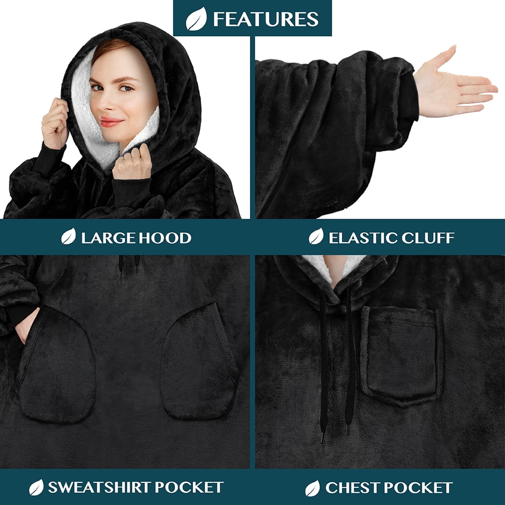 PAVILIA Blanket Hoodie for Women Black, Sherpa Wearable Blanket Men, Cozy Oversized Sweatshirt Blanket, Warm Fleece Hooded Blanket Sweater with Sleeves and Two Big Pocket, Adult Long, Black