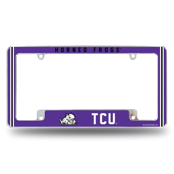Texas Christian TCU NCAA Horned Frogs Chrome Metal License Plate Frame with Full Frame Team Color Graphics