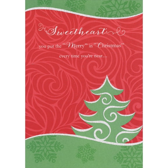 Designer Greetings Tree with Glitter Border and Swirls on Dark Red Swirling Background Christmas Card for Sweetheart