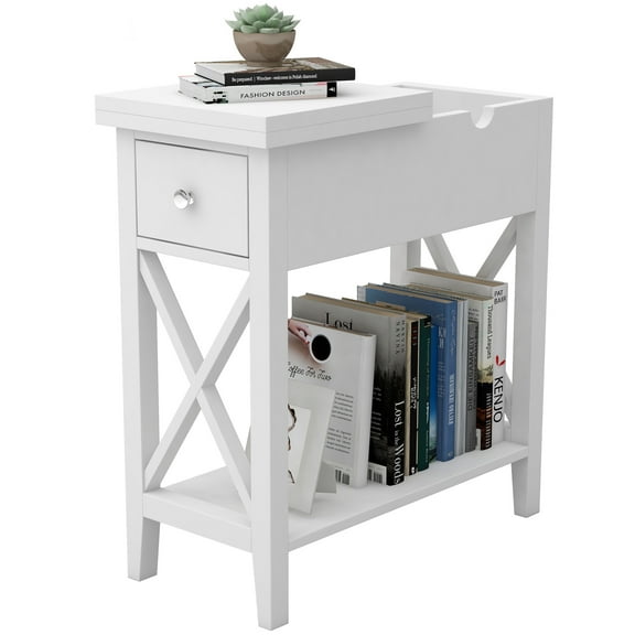 Choo Choo End Table with Flip Top, Rectangle Narrow Side Table Living Room Bedroom White