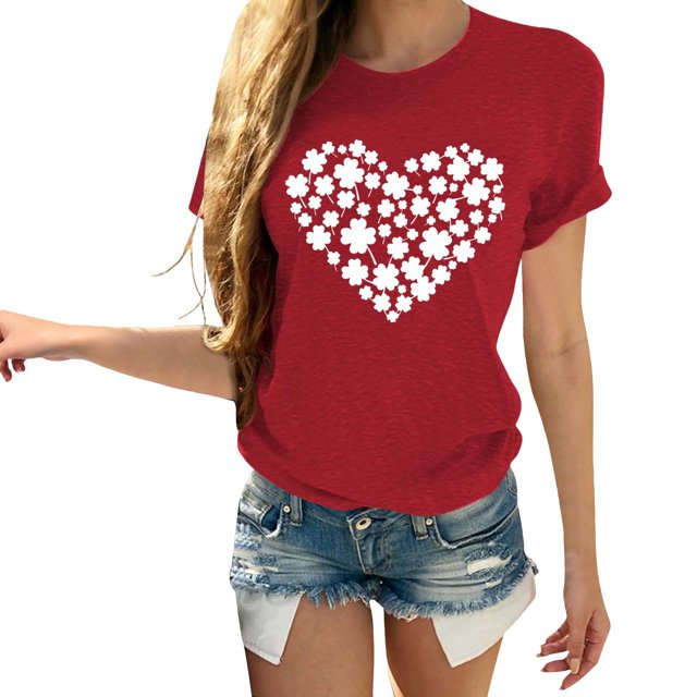 Pxiakgy Vente Chaude! T-Shirt Trèfle de la Saint-Patrick pour Femmes Chanceux Irlandais à Manches Courtes T-Shirt Graphique Trèfle Mode Décontractée Imprimé Amour Col Rond Manches Courtes T-Shirt Rouge L