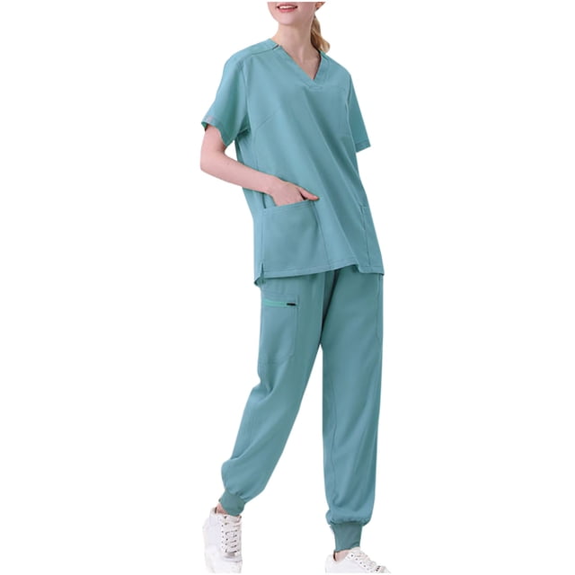 Pisexur Ensemble de Sarrau Moderne Uni Extensible à Col en V et Manches Courtes pour Femmes, P-2TG