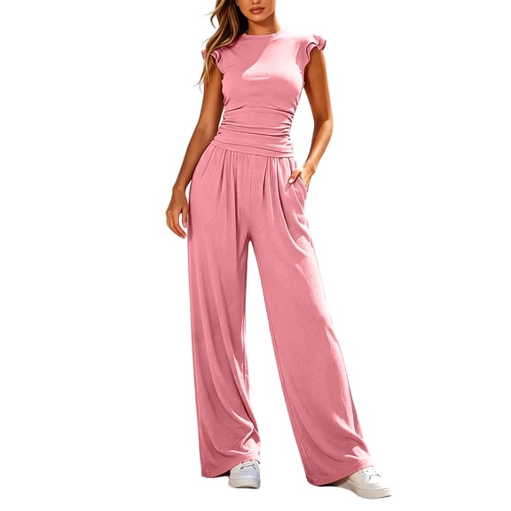 Bovxnpu 2 Piece Lounge Set for Women Ruffle Short Sleeve High Waist Pleated Wide Leg Pants Set