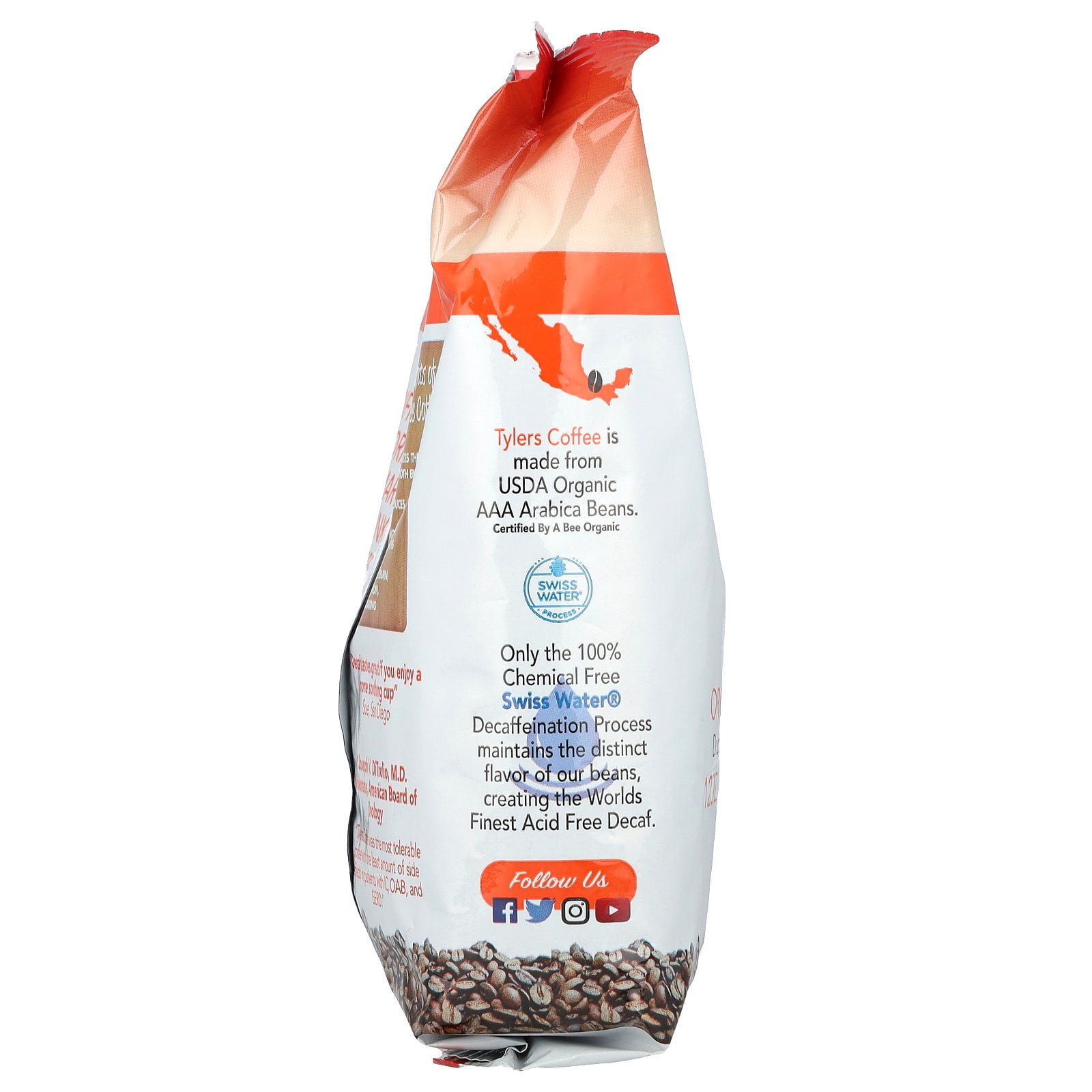 Tylers Coffees Organic Coffee, Whole Bean, Decaffeinated, 12 oz