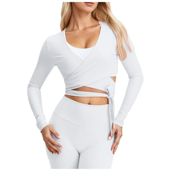 Women's V Neck Long Sleeve T Shirt Tie Front Slim Fit Casual Top for Daily Wear with Strap Detail