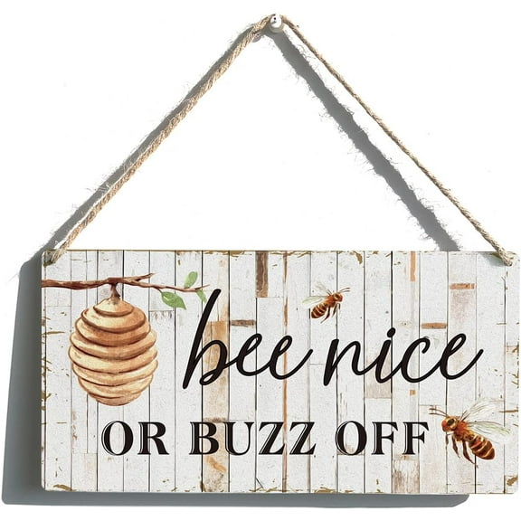 Zomyto Bee Sign Farmhouse Bee Nice or Buzz off Wooden Hanging Sign 12 x 6 Inches