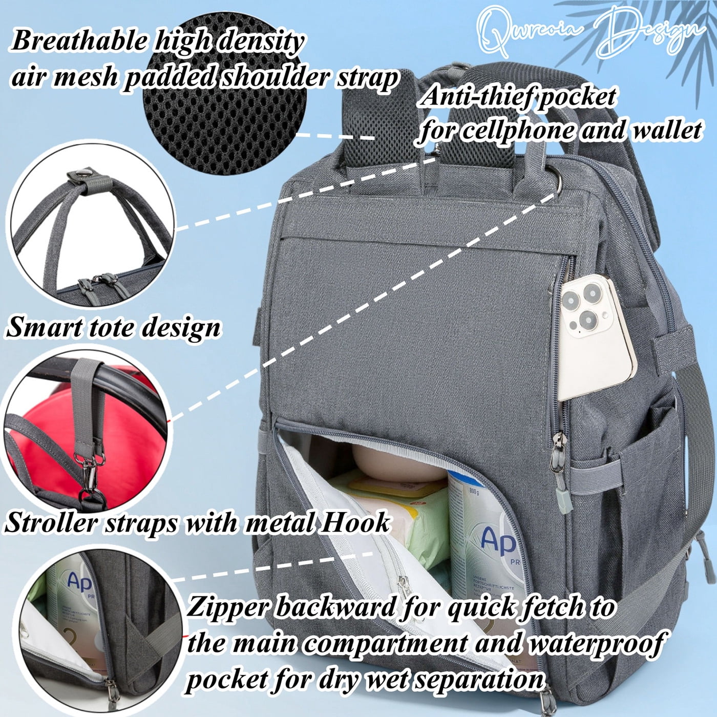 Diaper Bag Backpack for Dad and Mom with USB Charging Port Stroller Straps and Insulated Pocket,army military Travel Nappy Backpack (Dark Grey)
