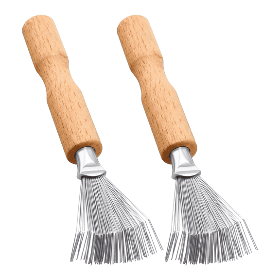 Stainless Steel Hair Brush Cleaner Tool, 2 Pack Comb Cleaning Rake with Wooden Handle for Hair Brushes & Combs
