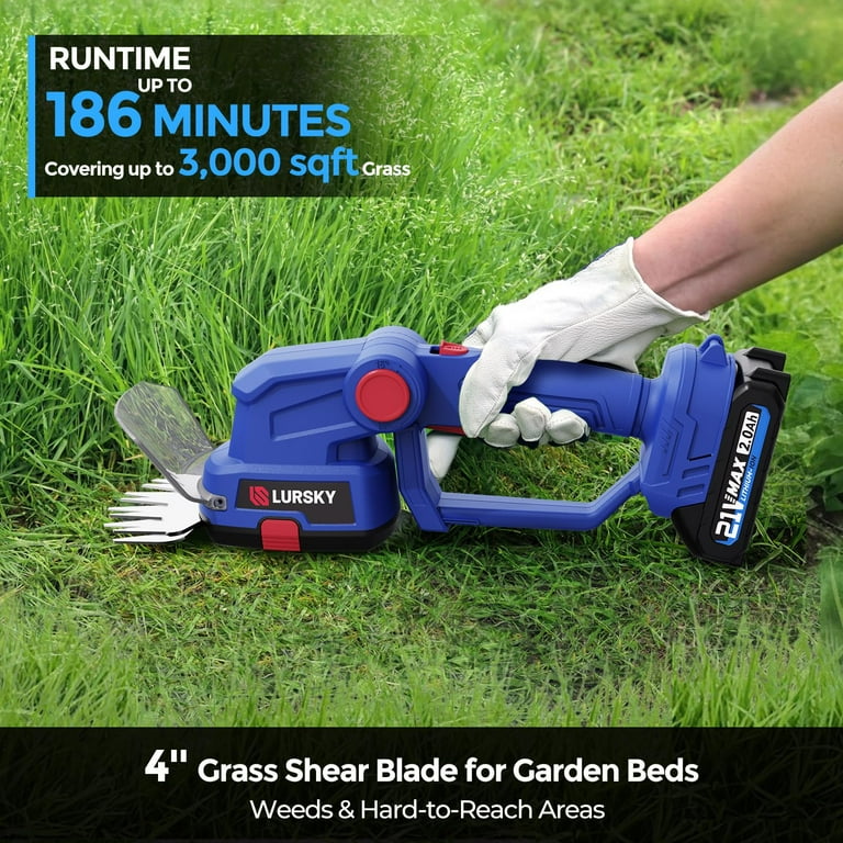 LURSKY Cordless Hedge Trimmer with 2Pcs Battery and Charger 2 in 1 21V Grass Shears for Garden and Lawn Maintenance with Stroage Box