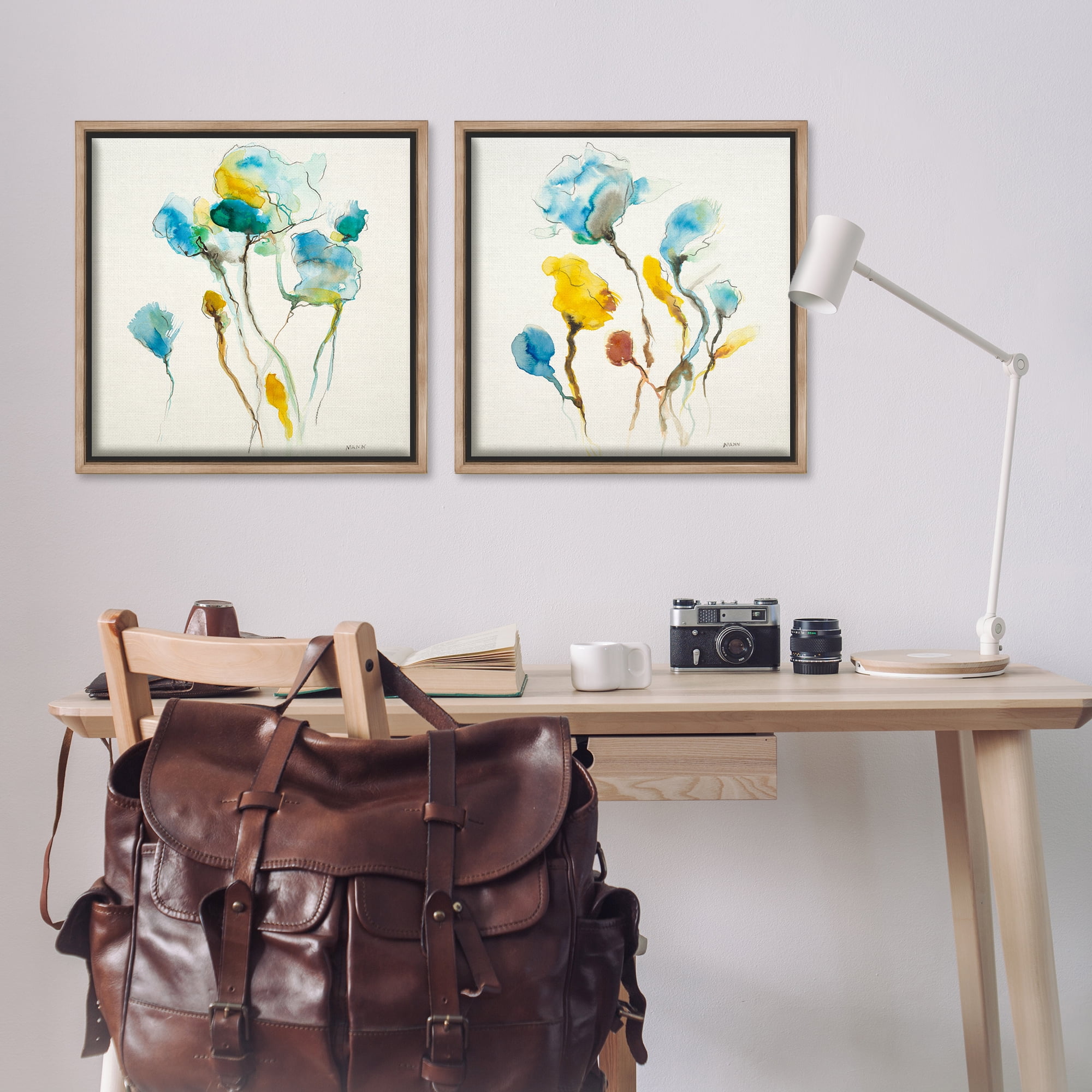 Stupell Industries Watercolor Teal & Yellow Flowers Abstract Painting Brown Floater Framed Canvas Art Print Wall Art, 25 x 25, Set of 2