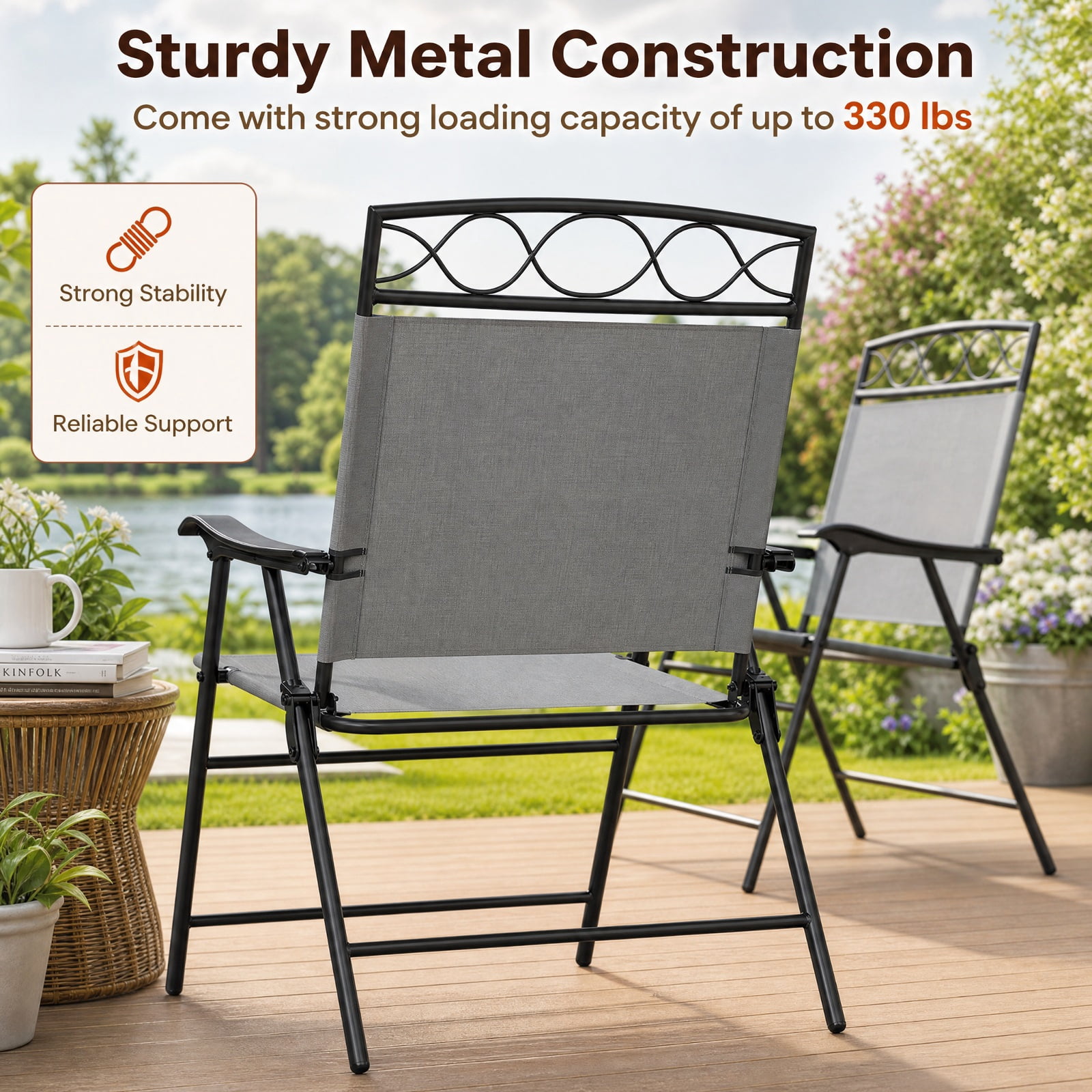 Furnibear Patio Folding Dining Chairs Set of 4 with Armrests and Padded Fabric Seat for Outdoor and Indoor Kitchen Dining, Gray