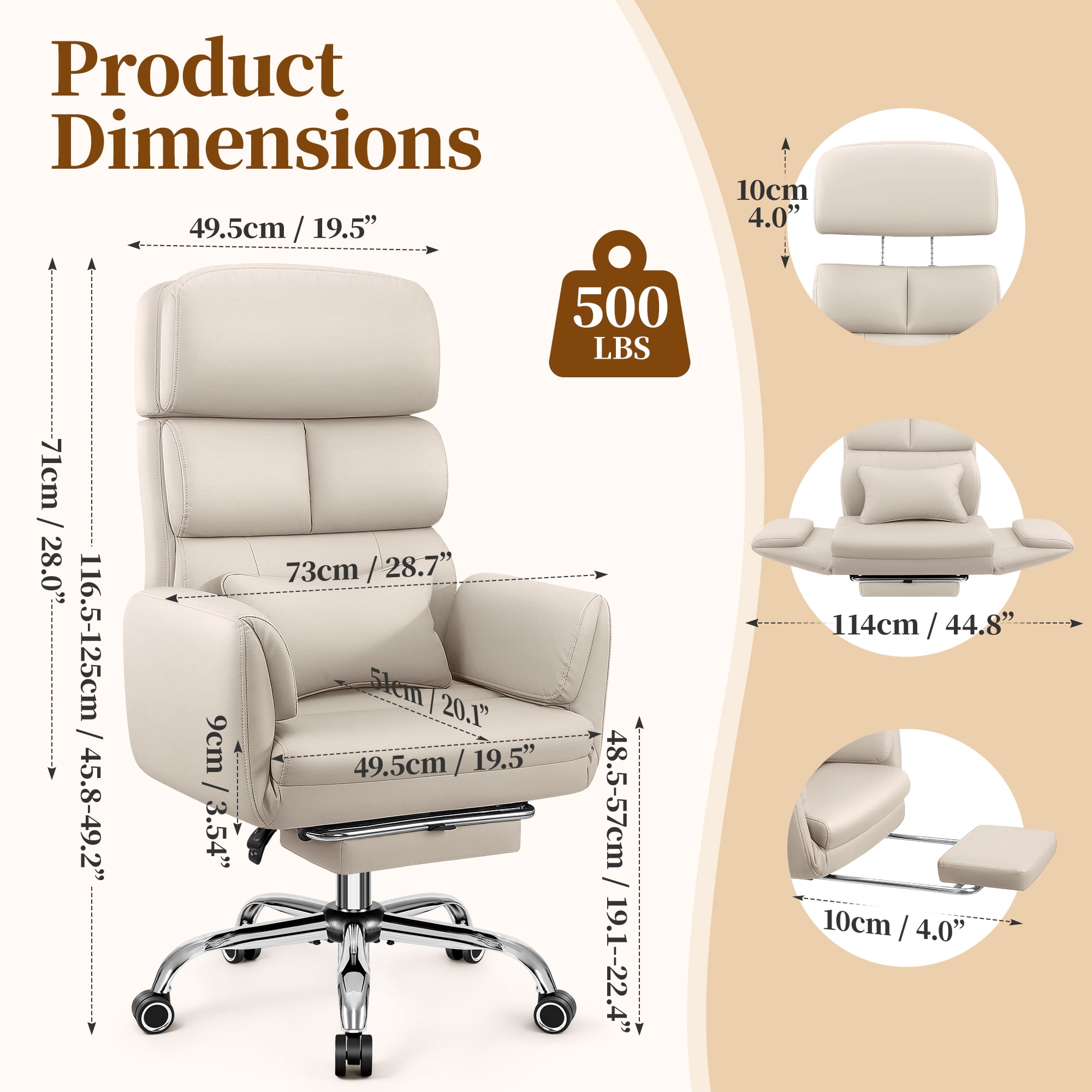 COOLHUT Big and Tall Office Chair 500LBS, Wide Seat Executive Office Desk Chair with Adjuatable Armrests and Headrest, PU Leather Hight Back Computer Chair with Footrest and Lumbar Suppor, Beige