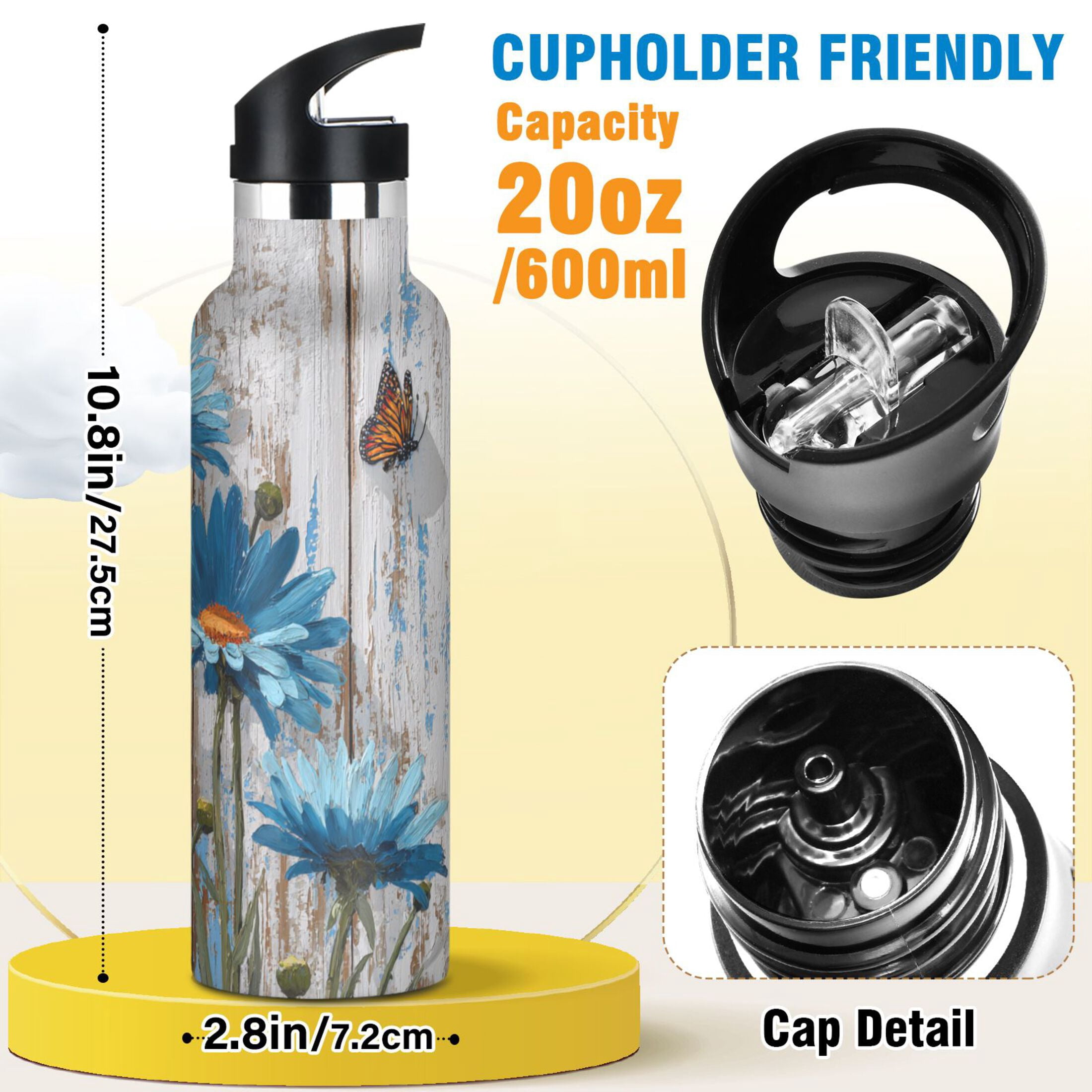 Kids Insulated Stainless Steel Sports Water Bottle 600ml (20oz) Cyan Daisy Flowers