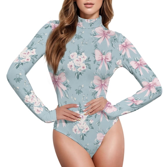 joogoo Bows Floral Women's Mock Turtle Neck Long Sleeve Bodysuit L