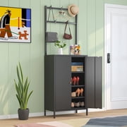 Shoe Cabinet,Shoe Cabinet with 3 Adjustable Shelves & Coat Rack,Farmhouse Shoe Storage Cabinet with Doors,Metal Shoes Rack Organizer for Entryway, Hallway, Closet, Living Room