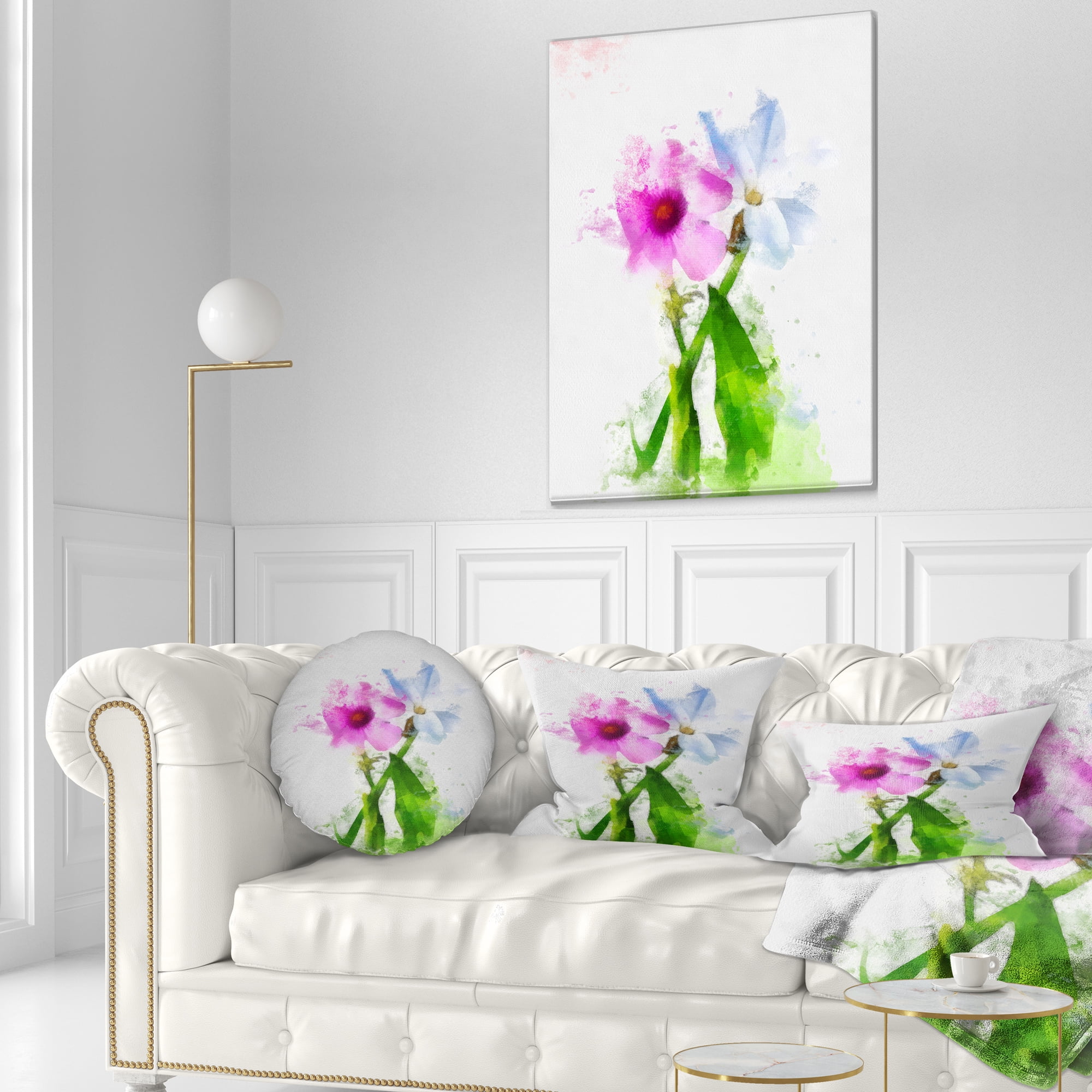 Designart Purple Mallow and Blue Chamomile - Floral Throw Pillow - 12x20