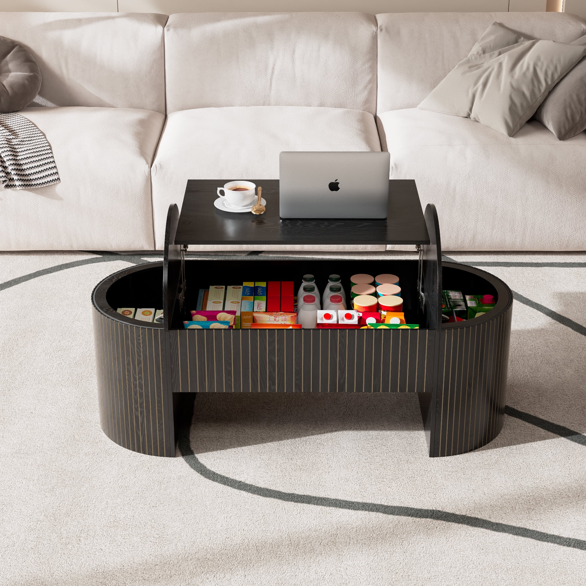 Oubayajia Fluted Coffee Table with Lifting Top and Hidden Storage, Mid Century Modern Coffee Table for Living Room, Office, Black