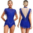 thumbnail image 3 of Xnihocha Justaucorps de Danse Lyrique Brillant avec Strass pour Femmes, Justaucorps à Jupe à Franges pour Performance, Bleu, P, 3 of 7