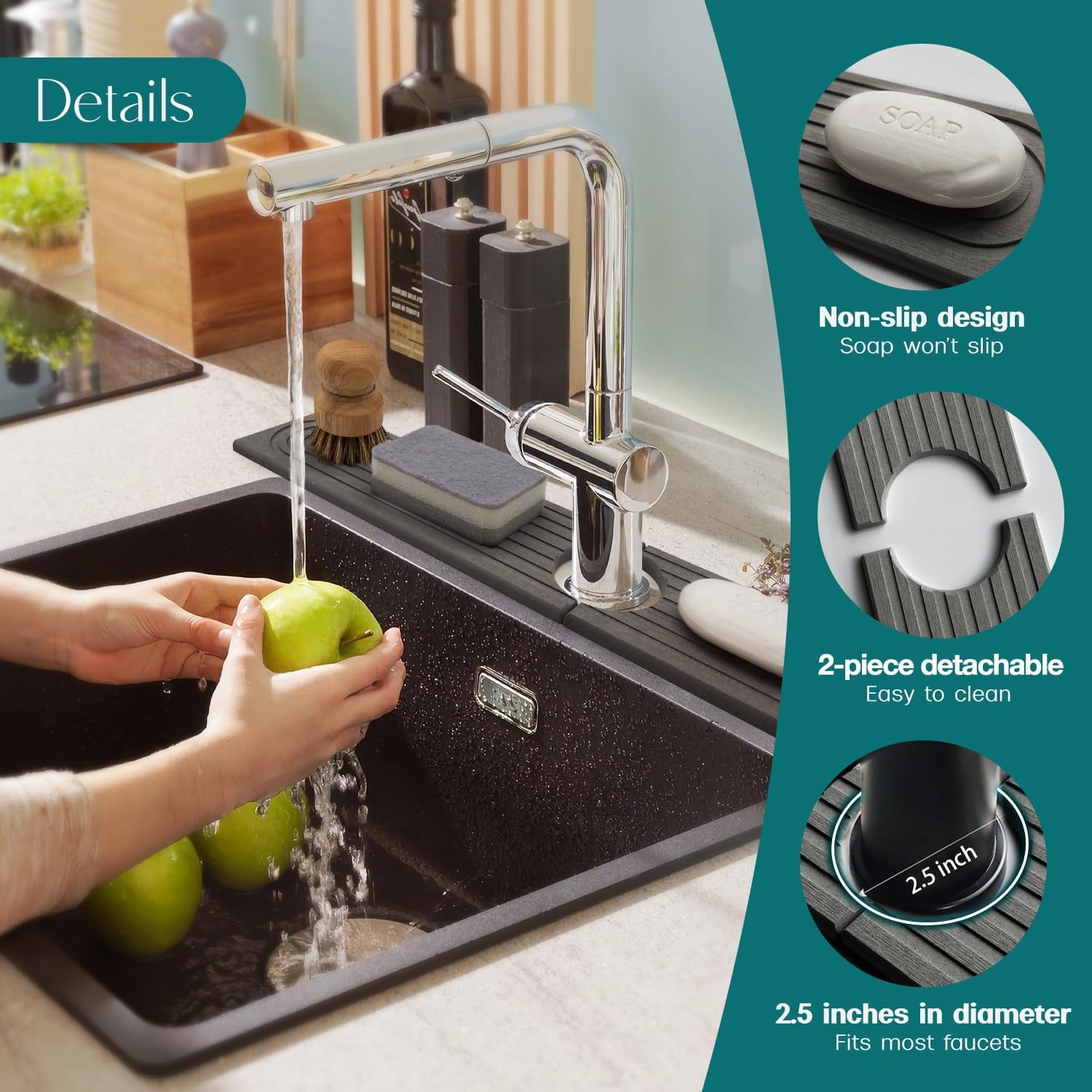 Diatomite Kitchen Sink Faucet Splash Guard – 23.6 Inch DryingNeat Stone Sink Tray, Mordern Faucet Handle Drip Catcher Stone, Absorbent Mat for Kitchen Counter [Dark Grey, 23.6"x 3.9"]