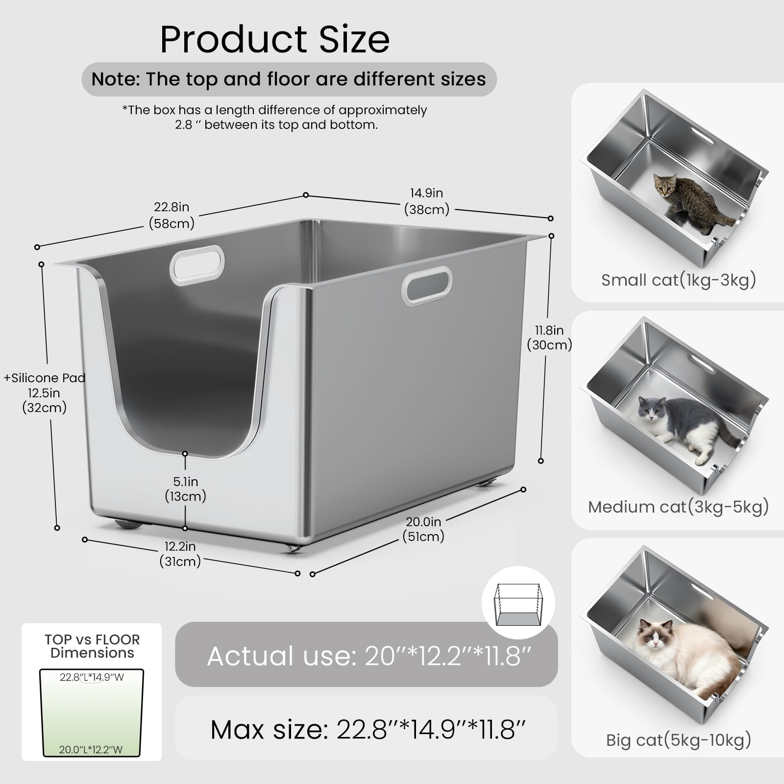Ptlom Large Stainless Steel Litter Box with 11.8.7'' High Sides Leak Proof