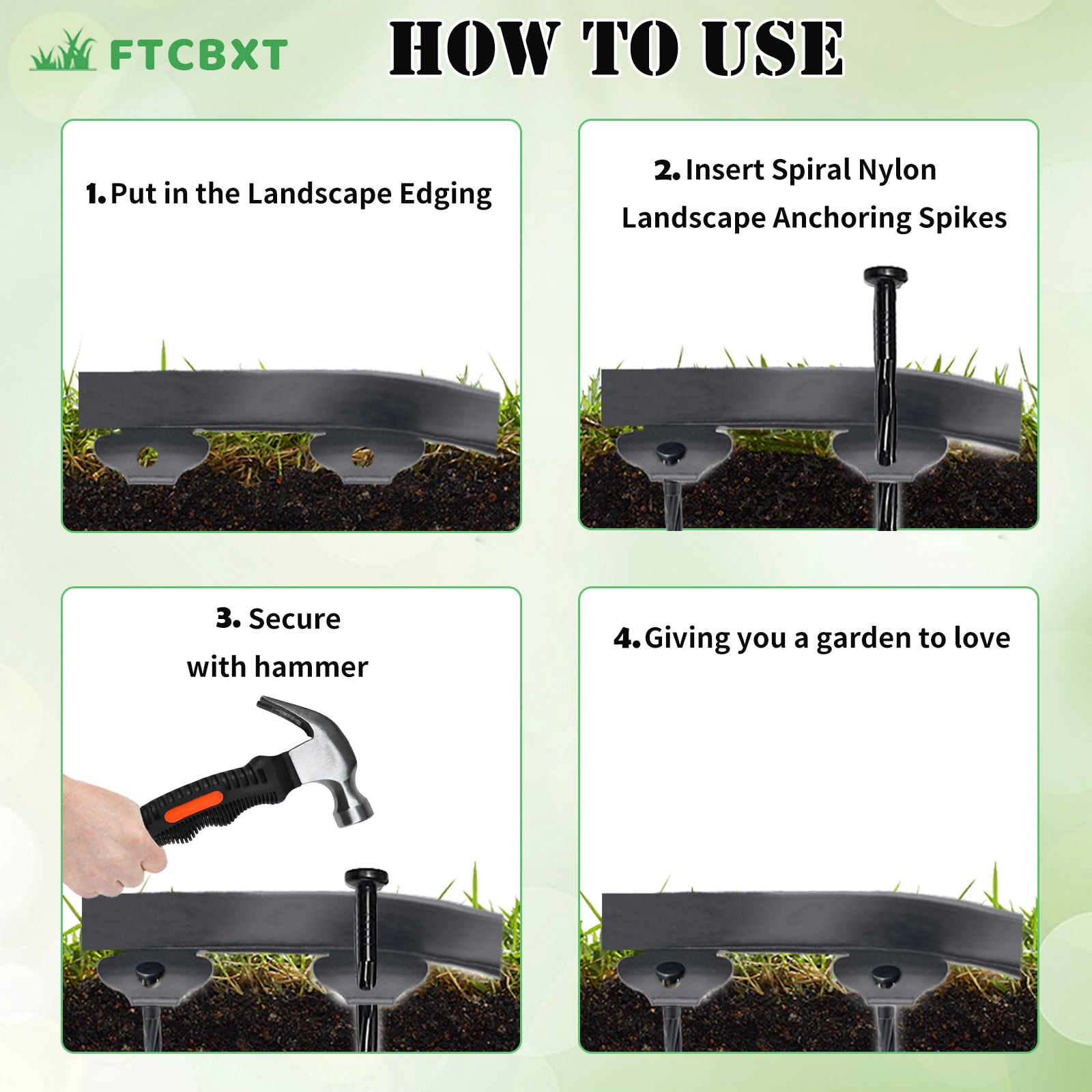 FTCBXT Landscape Edging Border 2 Inch Tall with 80-Pack Spiral Nylon Anchoring Spikes and 1 Scissor,Plastic Garden Edging Border for DIY Garden,Lawn Edging,Yard (80 FT)