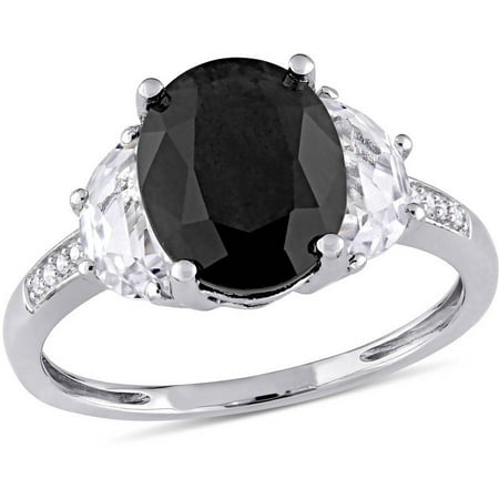 Miabella Noir 4-3/8 Carat T.G.W. Black Sapphire, Created White Sapphire and Diamond-Accent Sterling Silver Oval Cocktail Ring