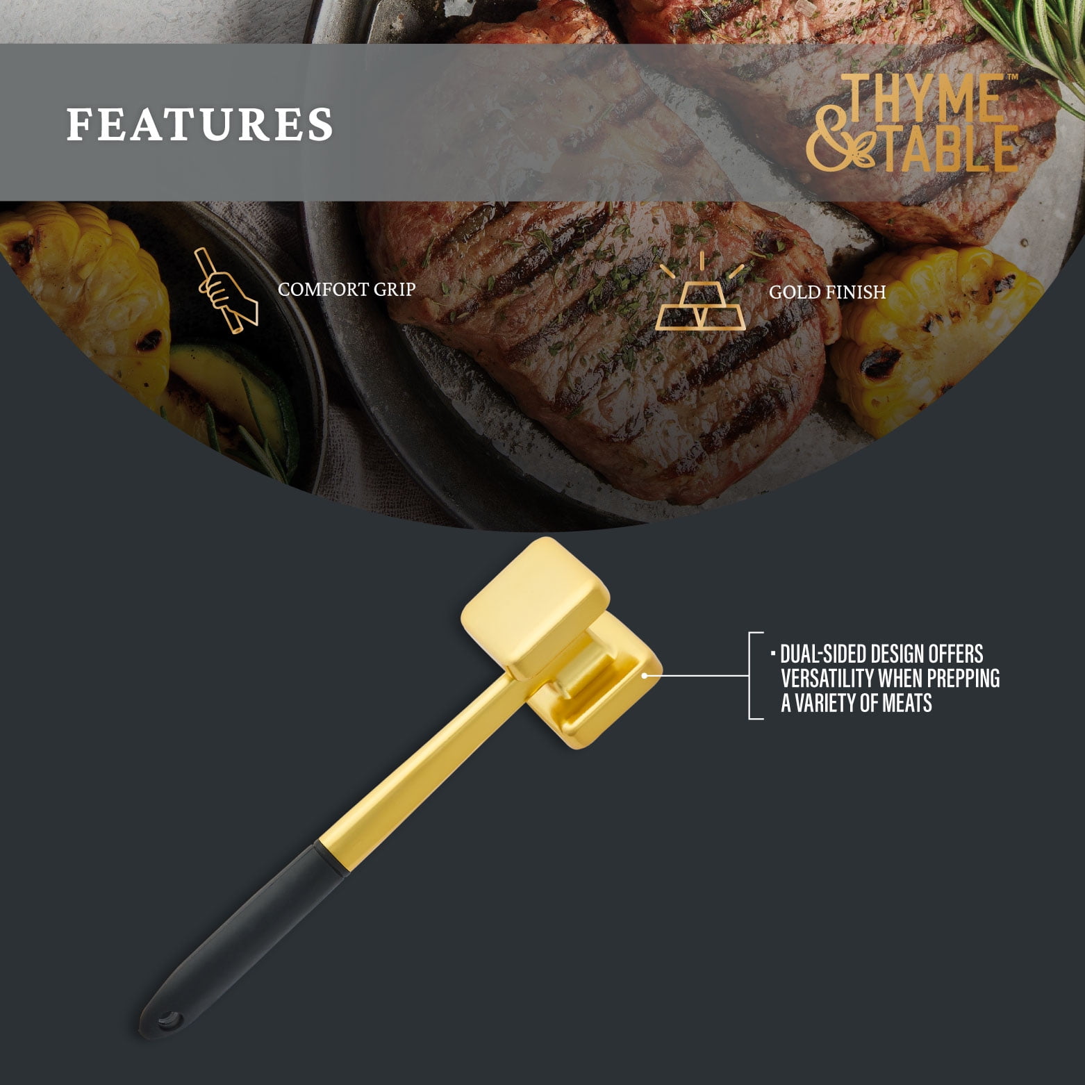 Thyme & Table Stainless Steel Meat Tenderizer in Polished Gold Finish
