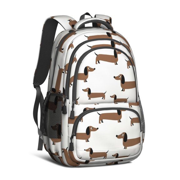 Dachshund Beige Pattern Cute School Backpack Bag with Padded Back and Adjustable Shoulder Straps 16.9 X 12.6 X 5.9 Inches