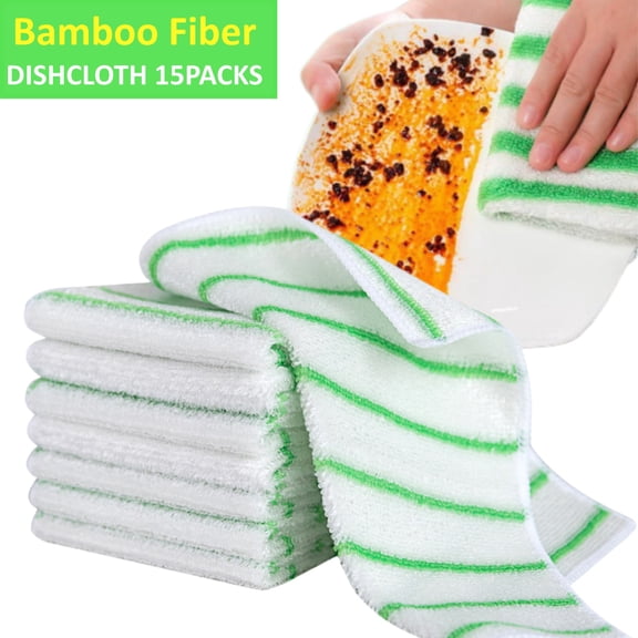 Microfiber Cleaning Cloth 15 Pack, Ultra Soft Absorbent Lint Free Reusable Kitchen Towels with Hanging Loop, Bamboo Fiber 12x12 Inch Green Dish Towels for Kitchen, Car & Household
