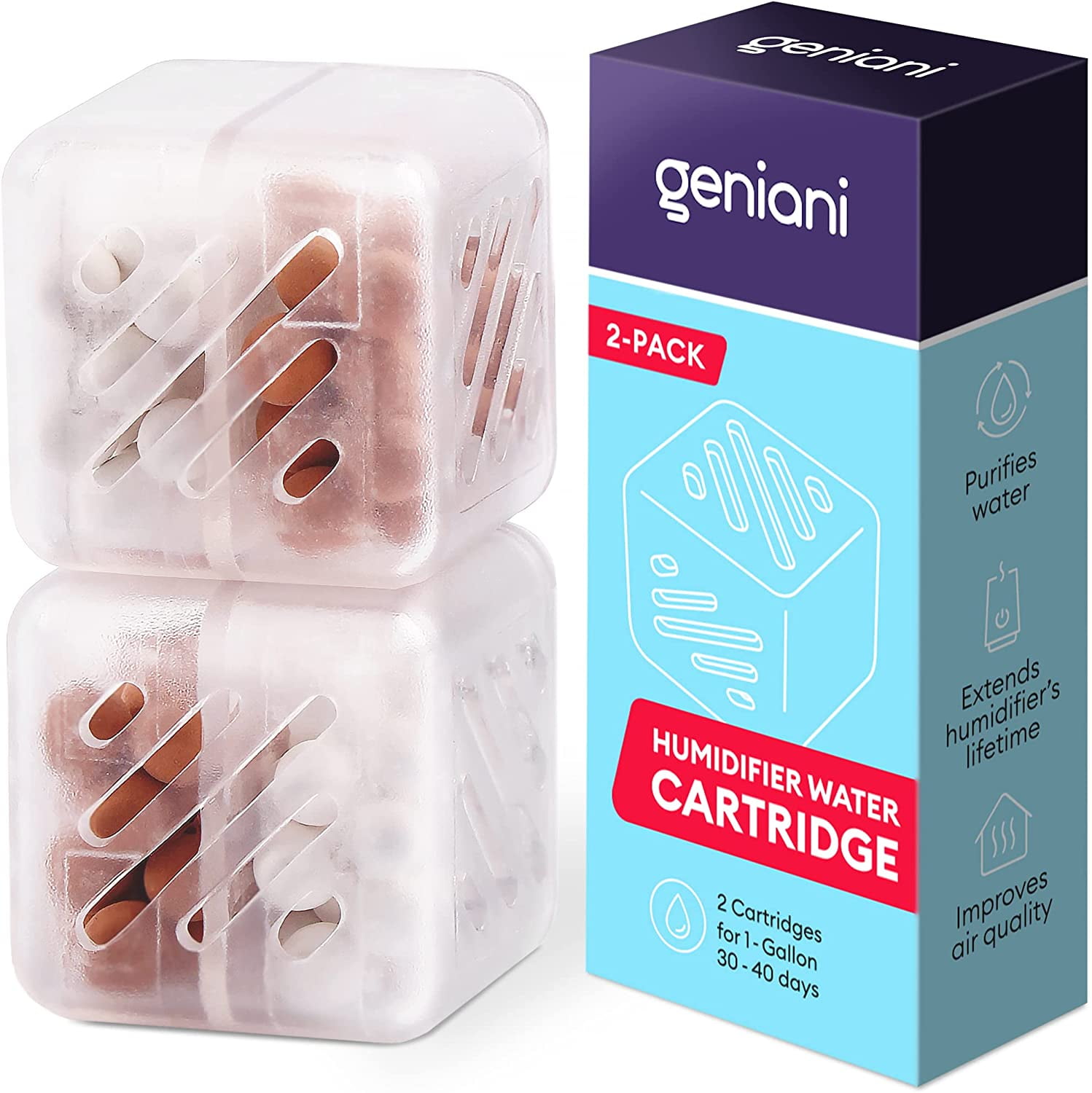 GENIANI Humidifier Water Cartridge (2Pack) Tank Cleaner, Demineralization Cleaning Cartridges