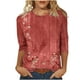 thumbnail image 2 of ICHUANYI ClearanceWomen's Fashion Printed T-shirt Mid-length 3/4 Sleeves Blouse Round Neck Casual Tops(Red, L) ICHUANYI WER20232080506204, 2 of 5