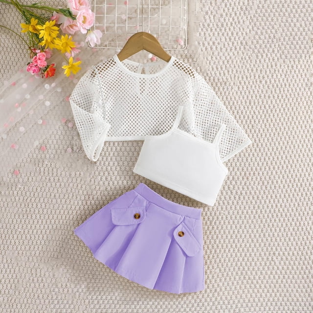 YUNAFFT Ensemble Robe Ajourée 3 Pcs pour Filles 12M-6Y Blouse à Manches Longues Débardeur & Jupe Midi Nylon Spandex Tenue Décontractée Légère