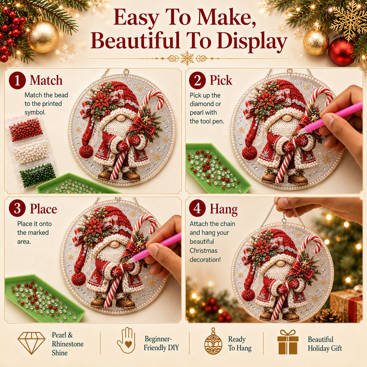 thumbnail image 6 of DIY Christmas Gnome Diamond Art Ornament Kit - Hanging Wall Decor for Adults, Festive Indoor Christmas Decoration & Easy Craft Kit, 6 of 7